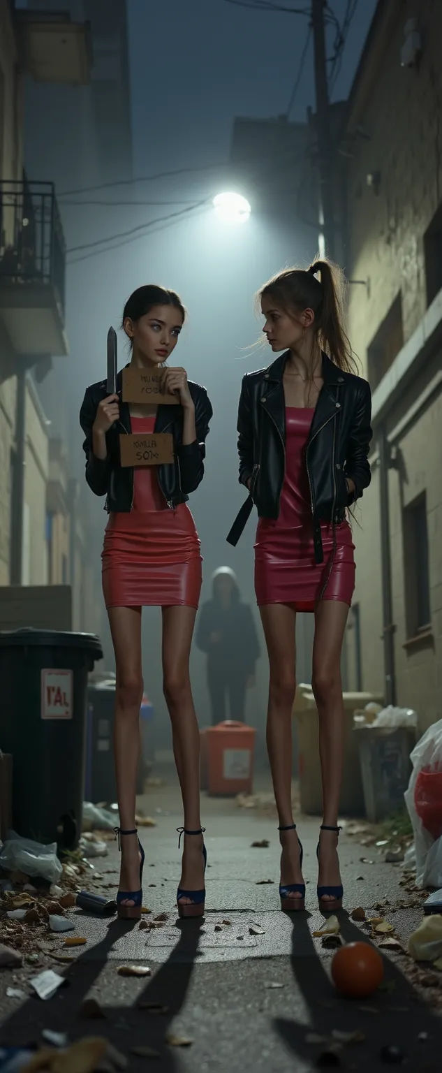 A realistic cinematic depiction of two beautiful young skinny aorexic women, aged 17 to 19, standing together on a deserted dark Back alley at night, the back alley are full ov trash and trashcans, (One of the girls is holding an hand whitten paper sign Te...