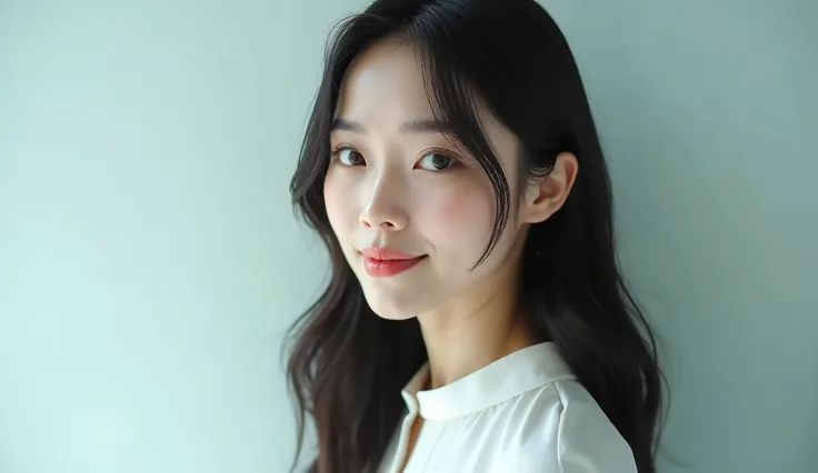 6. "Close-up of a young Asian female professional with long black hair, white blouse, subtle makeup, solid transparent background
