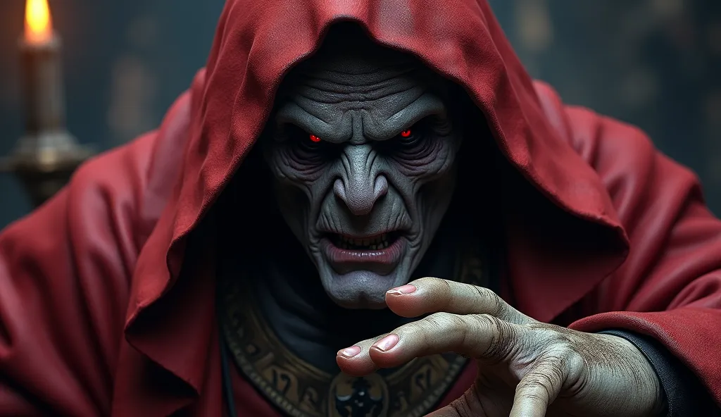 Create a realistic image of the character Mumm Rá from the Thundercats, a sorcerer with aged skin and red eyes wearing his red robe, his skin is bluish and his face is aged and haunting 