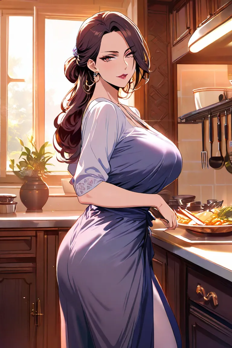 My stepmother with a voluptuous body and lascivious attitude shows off her clothes lightly in the kitchen