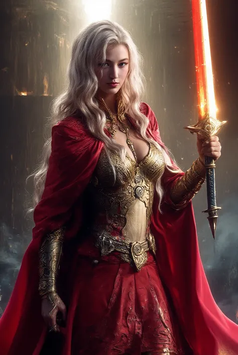 photo realistic,8k quality,a woman,slim body,wearing red cape, forged by light, white skin, blue eyes, in the light, silver hair, long hair, golden armor, runes of light,huge glowing red sword on right hand, burning ancient building in the background 