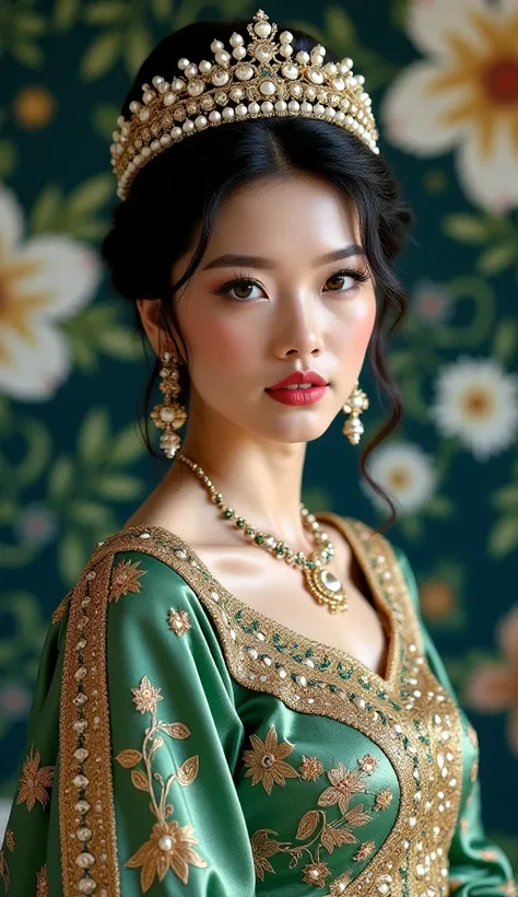 Regal young black-haired woman, dressed in a richly decorated traditional dress in Russian style with intricate embroidery in gold, green and white. She is wearing a luxurious kokoshnik headdress, decorated with pearls and metal accents, that highlight her...