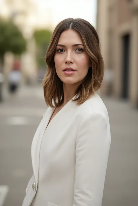 best quality, highres, 8k, masterpiece, photography, detailed midbody photorealistic portrait. Mandy Moore modelling a white double-breasted blazer for Vanity Fair photoshoot, styled braless to emphasize her natural allure. The blazer is tailored to perfec...