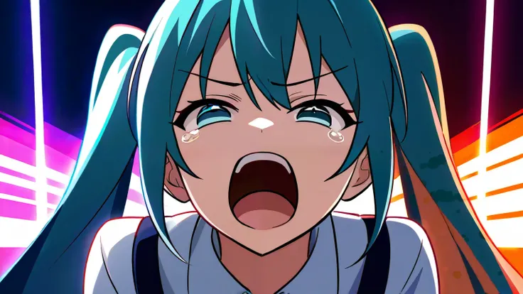 Hatsune Miku 1 person 、 college student 、 teary eyes in the store、Eyes closed、Screaming、 upper body、Hands are goo 、 angry