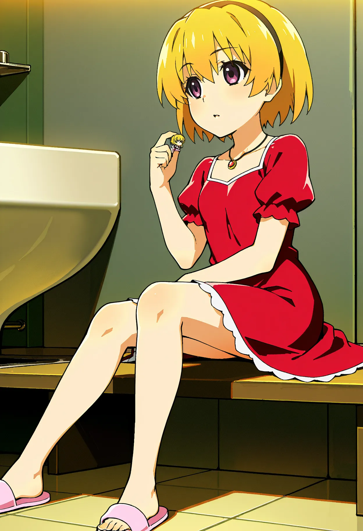 satokoIllustrious, short hair, bangs, blonde hair, hair between eyes, purple eyes, black hairband, 1 girl, solo,  dress,   jewelry,  sitting, necklace, red  dress, Mini Girl, slippers, sink