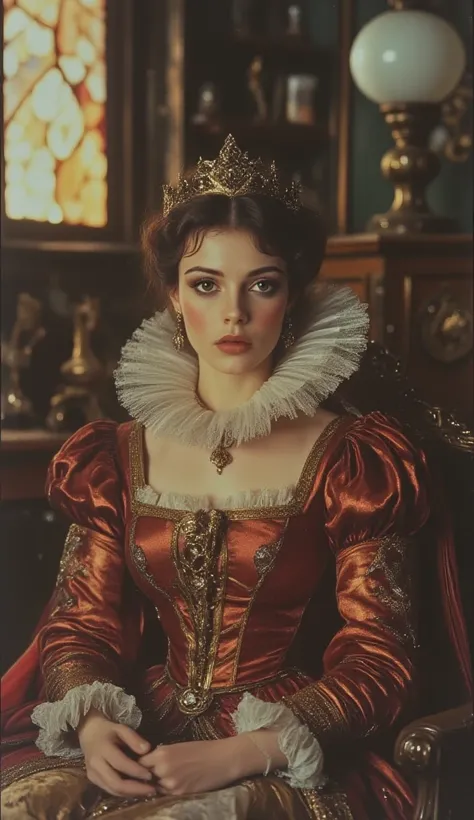 Tudor aesthetic. princess, large collars, thick makeup, and elaborate gowns, full body, hyper realism, realistic, 8k, soft light, cinematic, hyper realistic, Low-contrast film, 4k, 8k resolution, glitter, dreamy, regal outdoor setting