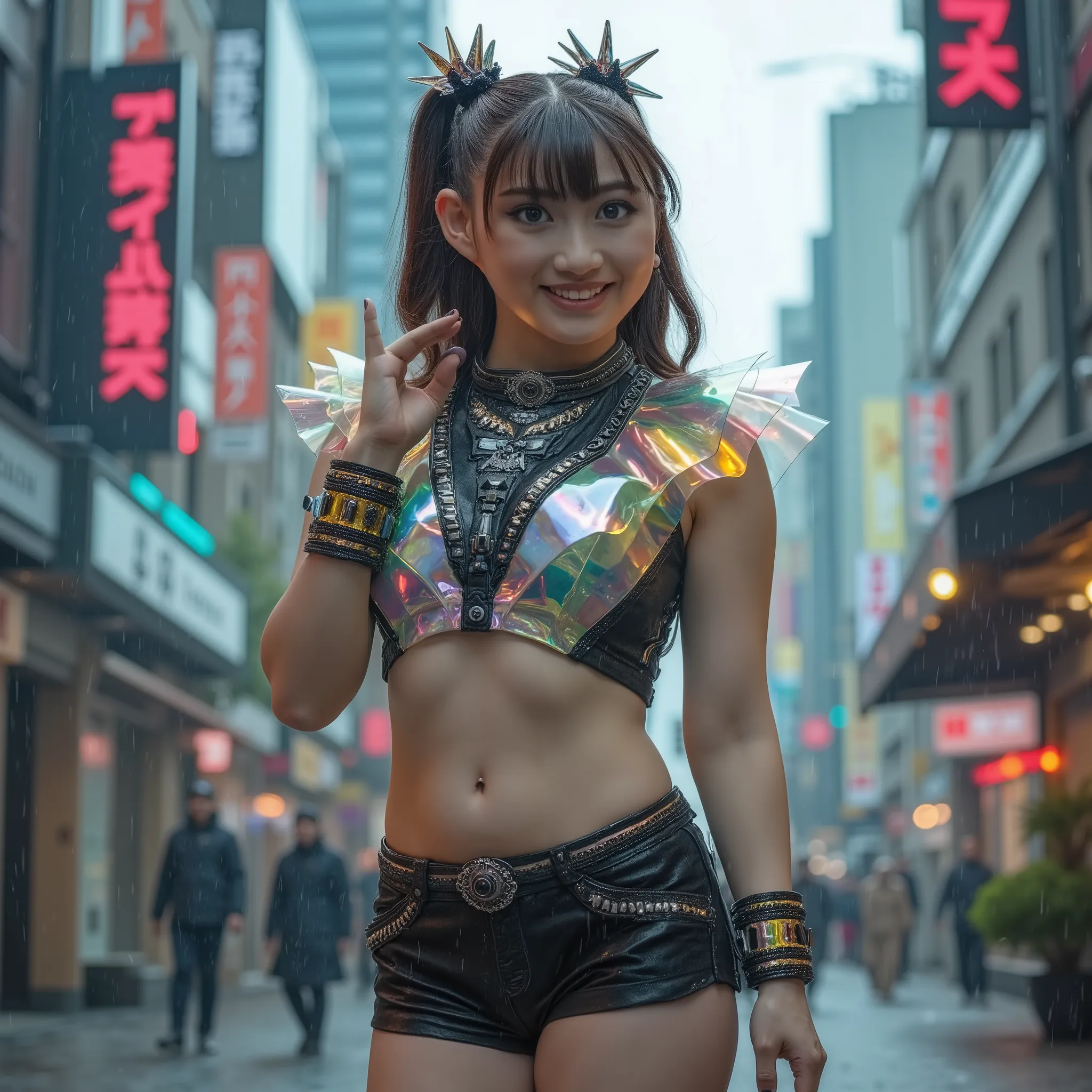 gorgeous 35 year old Japanese gyaru with wavy blond hair detailed alluring eyes d-cup breasts, Thigh gap long sexy legs wearing tiny shorts tshirt laughing in beautiful futuristic cyberpunk+ city, mist, wet, raining, best quality masterpiece, photorealisti...