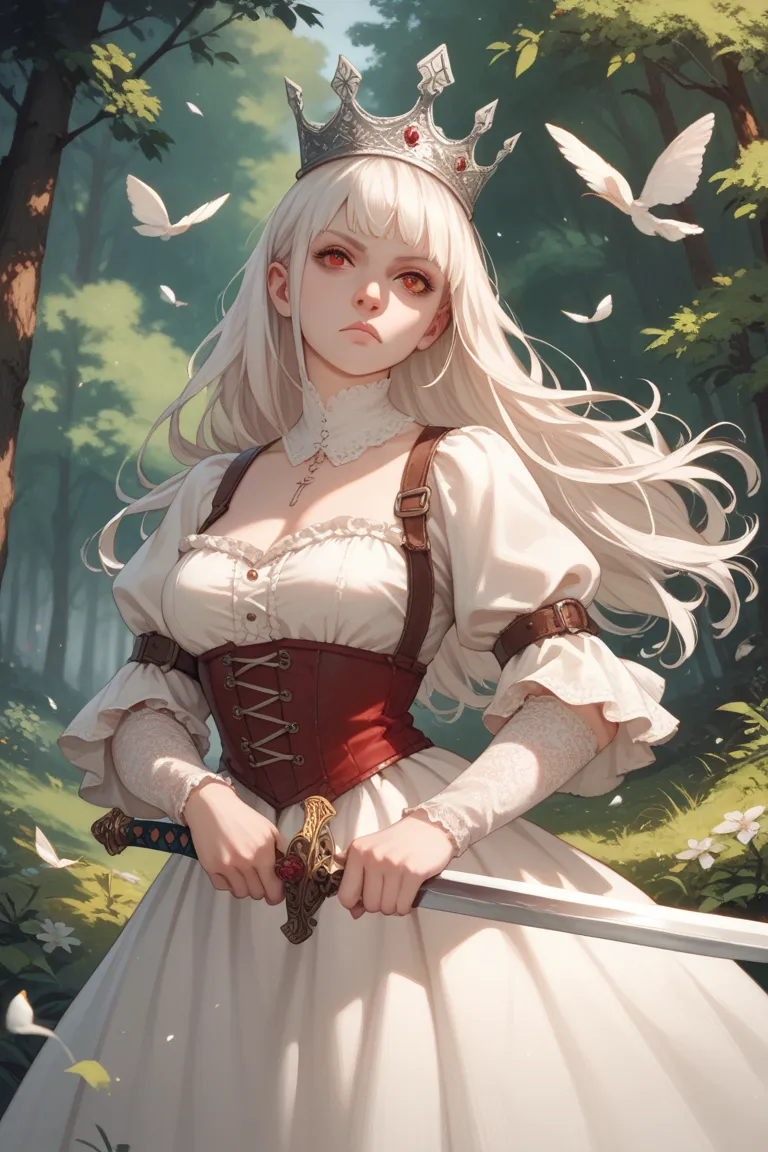  An albino woman,  with long hair, and dark red eyes with a serious expression and with a long white dress with red details and a silver crown and her head, holding a sword, In the forest in medieval times.