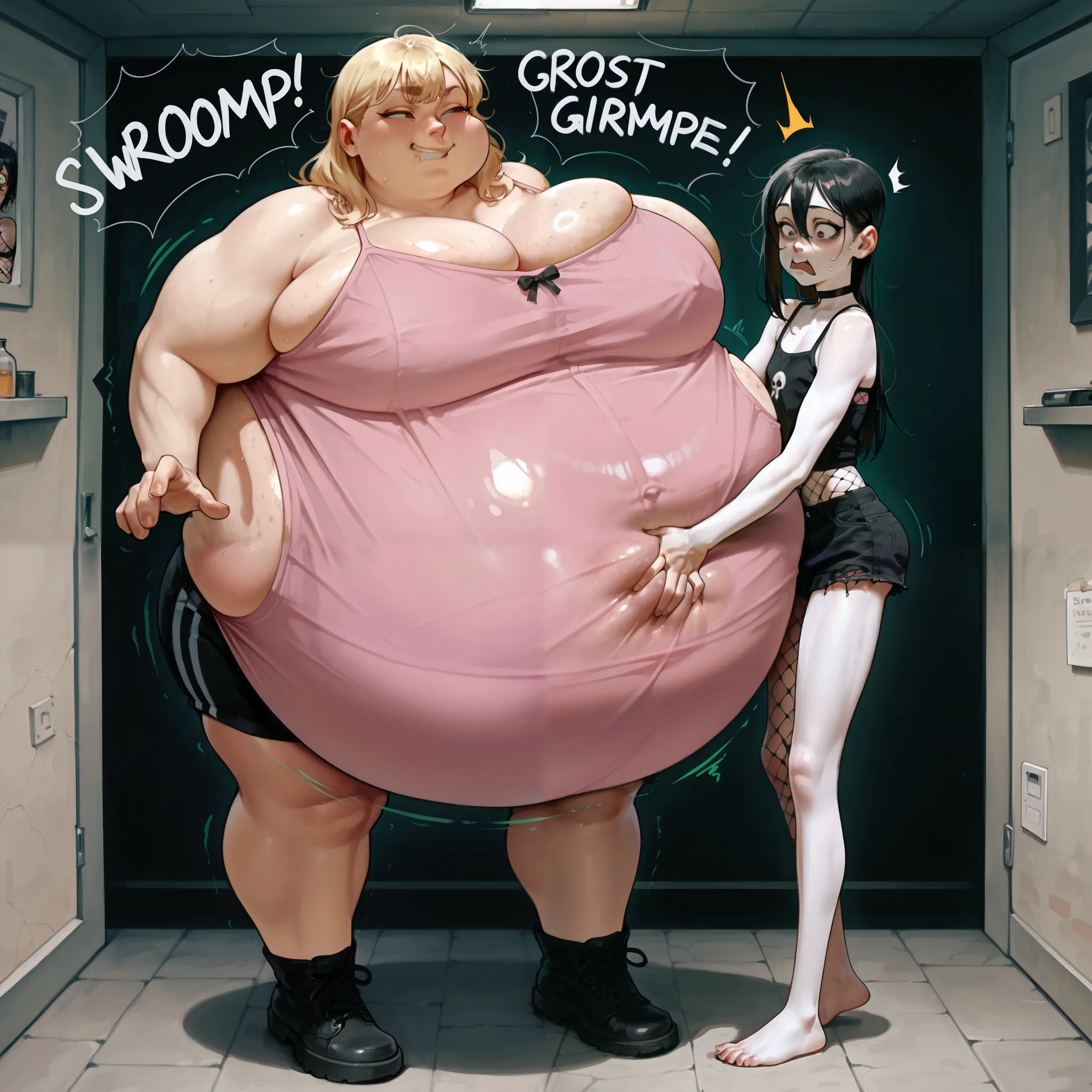 2 girls, (one fat inflated girl, one skinny girl:1.4), (shocked and smug emotions), (wearing goth outfit), (wearing pink camisole and short shorts) (skindentation), , (stringy blonde hair) ( black hair, goth fishnets), ((heavy breasts)), (spherical inflati...