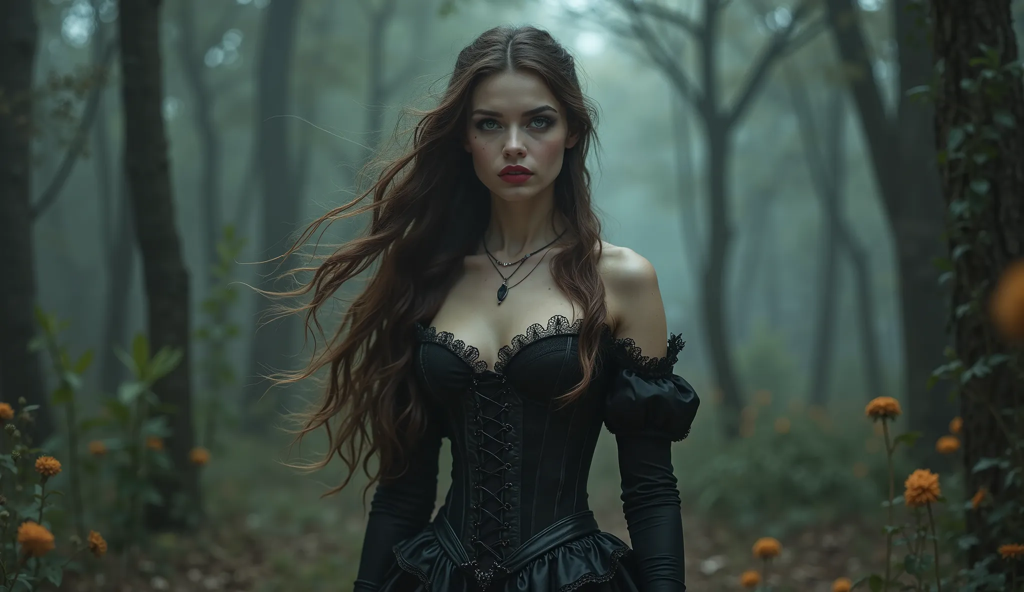 Full-body gothic image of a young woman in a European historical outfit, wearing a corset that accentuates her figure and a marked neckline. She has long, loose brown hair flowing in the wind, large, piercing green eyes, striking makeup with dramatic dark ...