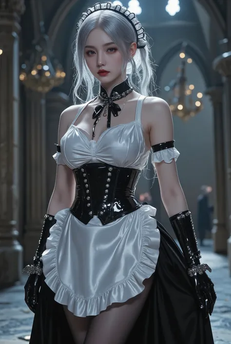 Young Cyborg Beauty ,( black and white gothic maid outfit, long skirt with low skin exposure, corsets , black tights, Black Boots ),( Silver Hair, Shoulder-length hair in images , purple eyes, half-closed eyes , unusual suspicious feelings:1.3,Black...
