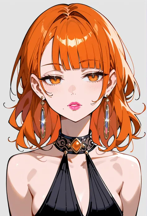 Artwork,,,,back view,adult female,single woman,alone,brown and orange hair,medium long straight hair,short blunt bangs,golden and orange eyes,half closed eyes,pink lipstick,full lips,expressionless,pale skin,medium breasts,black sleeveless suit with collar...