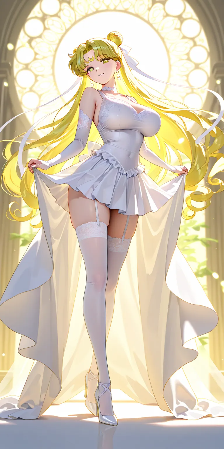 Masterpiece, elegant mature woman, usagi tsukino\(sailor moon\), tall body, big breast, white wedding shirt, white wedding gauntlets, white wedding platted tennis skirt (longer on the back side), white ribbon on the hips, white high stockings lace, white h...