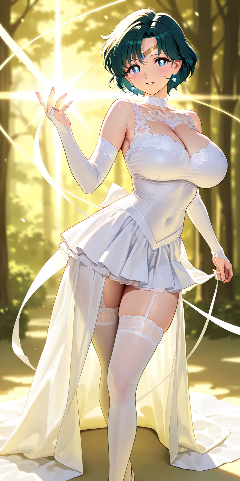 Masterpiece, elegant mature woman, ami mizuno\(sailor mercury\), tall body, big breast, white wedding shirt, white wedding gauntlets, white wedding platted tennis skirt (longer on the back side), white ribbon on the hips, white high stockings lace, white h...