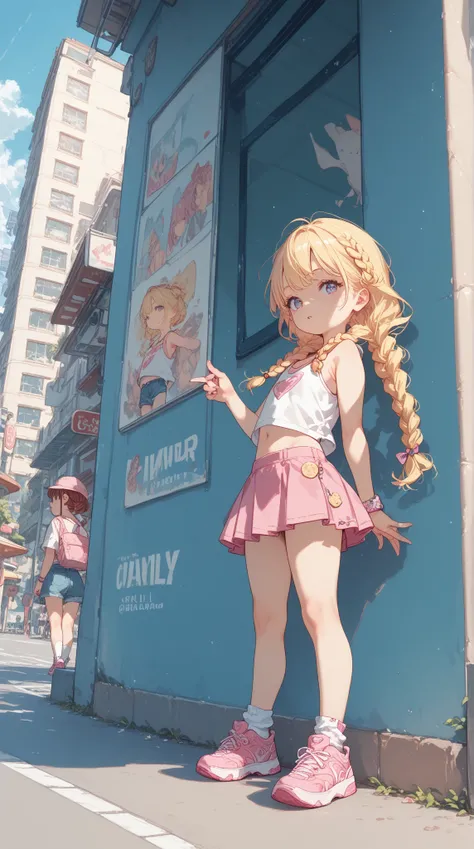 Small Loli,  long yellow braided hair  ,  short white tank top , short pink skirt,  white socks ,  pink sneakers , stands on the sidewalk in a metropolis