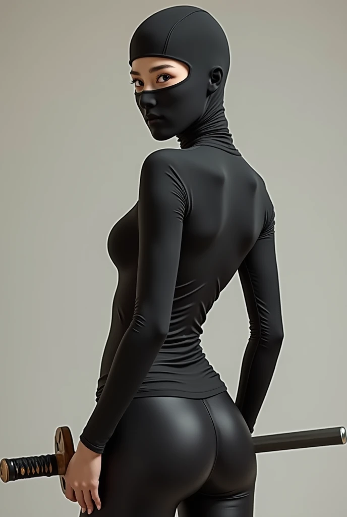 Woman, with a balaclava on her head showing only her Asian eyes, she is 1.58 tall, has a 98 cm bust, a 62 cm waist and 115 cm hips, she is wearing black leggings and a long-sleeved black high-neck blouse, she is half turned back and her round, upturned but...