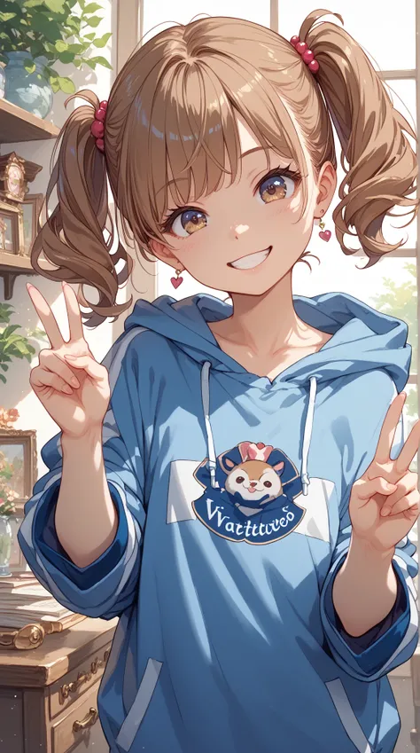 8k, ( score_9,  score_8_high,  score_7_high),  best quality,  masterpiece, Those_Anime-Series,private rooms, 1girl solo, , oversized jersey, double peace sign,  smile,  brown hair , very short low twin tails,  tilt your head to the side