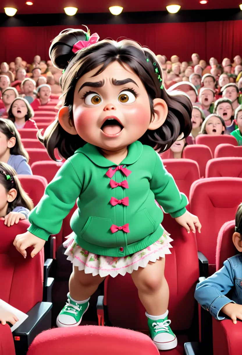 Chubby Gremlin girl creating chaos in a movie theater full of people watching the movie Gremlins 