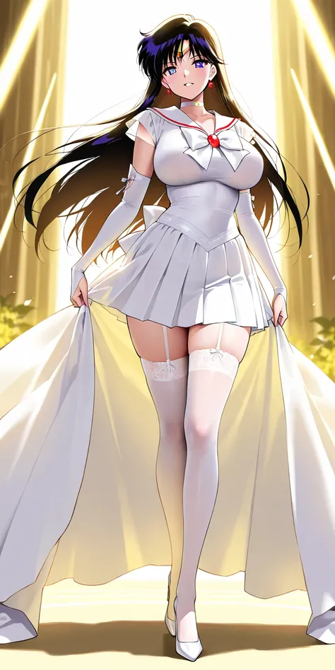 Masterpiece, elegant mature woman, rei hino\(sailor mars\), tall body, big breast, white wedding shirt, white wedding gauntlets, white wedding platted tennis skirt (longer on the back side), white ribbon on the hips, white high stockings lace, white high h...