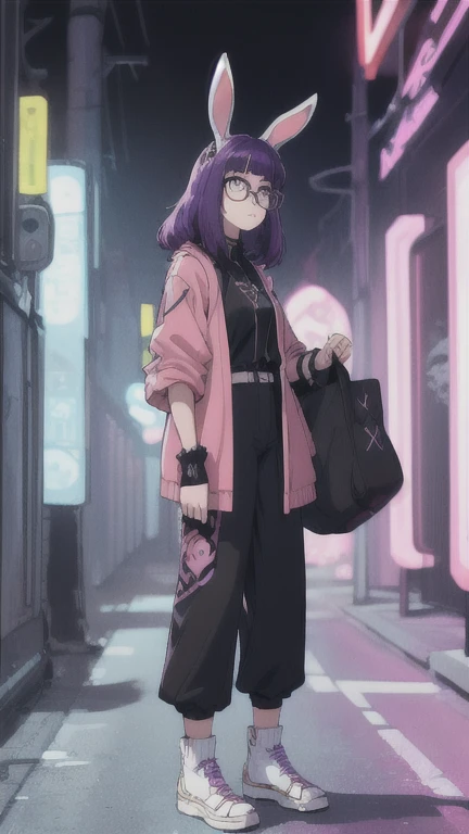 Full body shot of the singer, a woman with long bangs, purple hair, wearing glasses, bunny ears on her head, a man wearing a bear mask, both wearing a Dark Neon China jacket + shorts + long pants + leg warmers + hair accessories, futuristic style --ar 16:9...