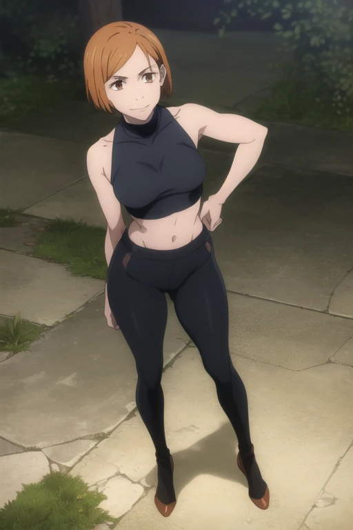 (Masterpiece), (the best quality), (ultra-detailed), ( best illustration ), ( best shade), (absurdres), Short Hair,  orange hair, ((brown eyes)), Kugisaki Nobara, 1 girl, Alone , blows, wearing a black crop top, turtleneck sweater,  sleeveless,  smile, wat...