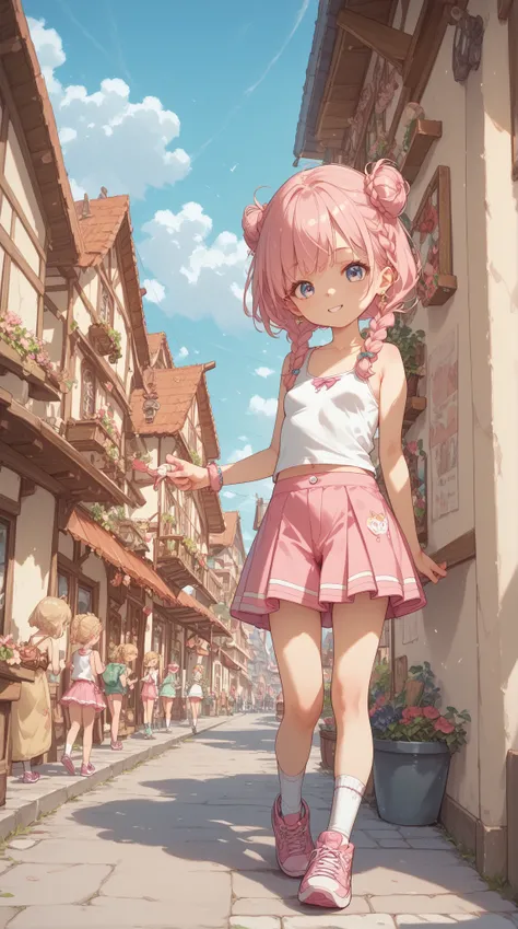 Small Loli, girl s,  small breasts, long green braided hair ,  short white tank top , short pink skirt,  white socks ,  pink sneakers , Stands on the sidewalk in a small rural town, UHD,  masterpiece, best quality, best anatomy, 8k 