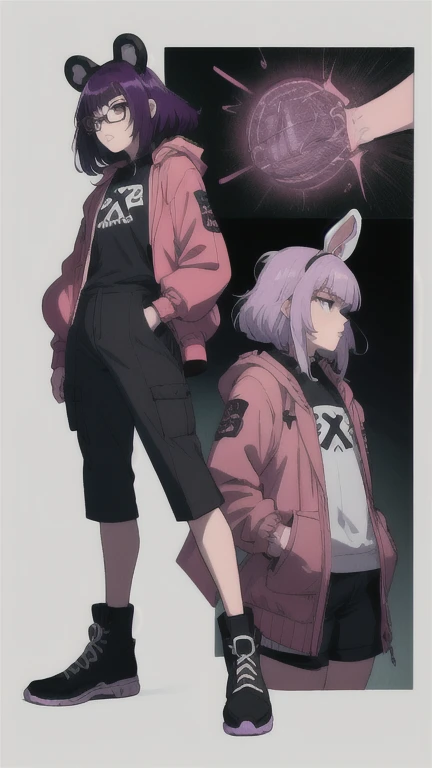 Full body shot of the singer, a woman with long bangs, purple hair, wearing glasses, bunny ears on her head, a man wearing a bear mask, both wearing a Dark Neon China jacket + shorts + long pants + leg warmers + hair accessories, futuristic style --ar 16:9...