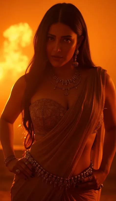 Morning sunrise scene,a extremely beautiful powerful busty goddess wearing a sleeveless saree,wearing,in fire ,hyper detailed,cinematic lighting,intricate details,photorealistic,8k,masterpiece,(best quality,4k,8k,highres,masterpiece:1.2),ultra-detailed,(re...