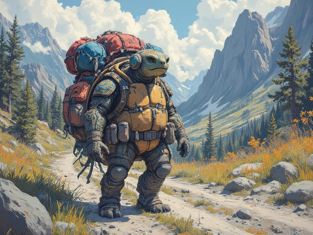 cute turtle in adventurer gear, comically large backpack, backpack stacked 14 feet high, dirt road, mountains,  In fantasy art style, masterpiece,  best quality , Super Detail, an epic, 4K, cinematic light, ultra-detailed,  8k resolution ,(high quality, 8k...