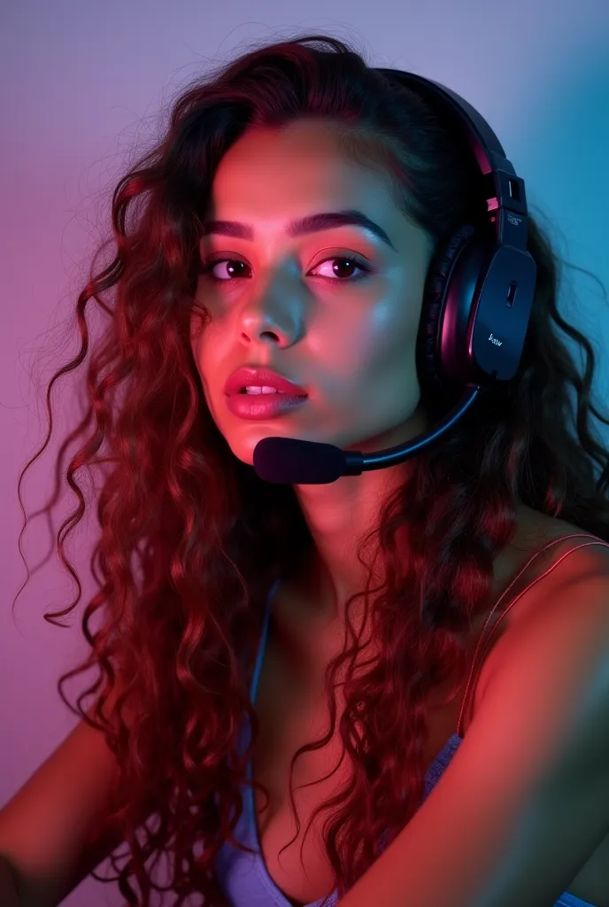 Gamer girl with long curly brown hair and headset 