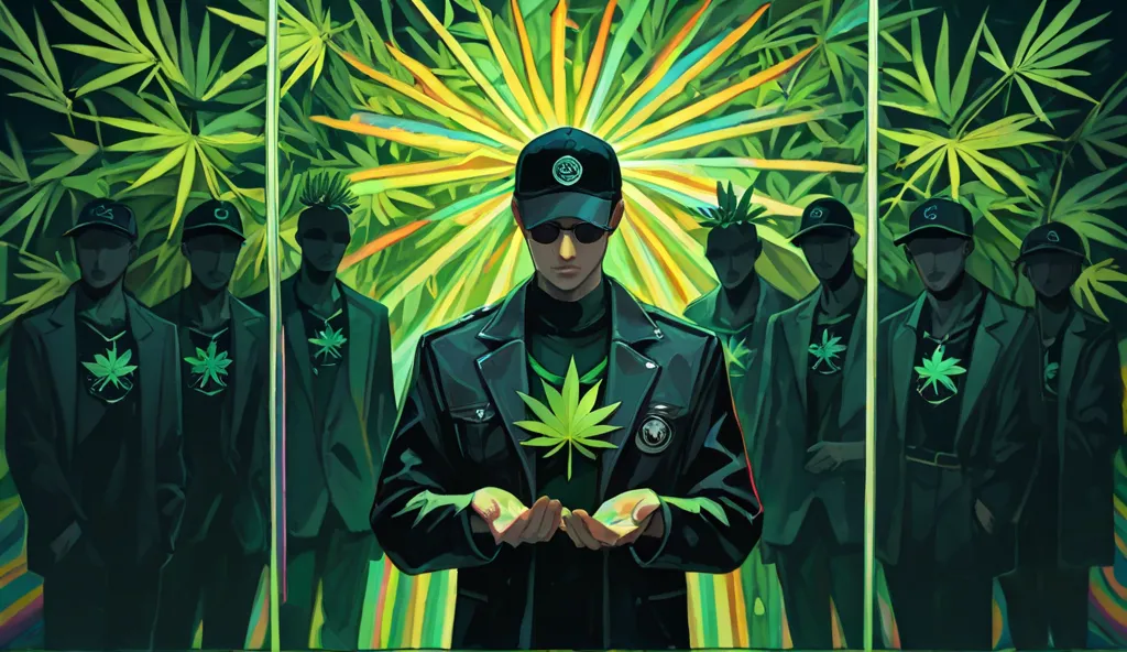 very detailed psychedelic illustration,  faceless man ,waist-high image, accessories: black cap on the head,  black glasses, Lots of cannabis buds on both hands, black jacket with a cannabis leaf logo on the chest, Cannabis plants in the background of the ...