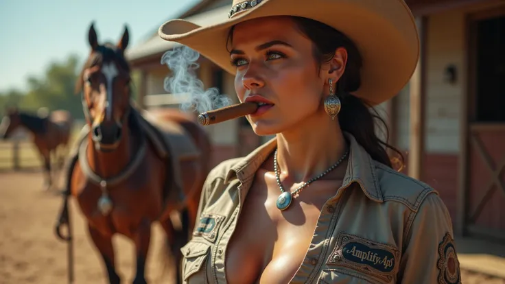 realism, 8K, full body shot, UHD, masterpiece, accurate, perfect textured skin, Photo realistic scene of a sexy texas farmer, natural C cups breasts, standing outside in the sun with sun in her face, behind in background th stables and a couple of big hors...