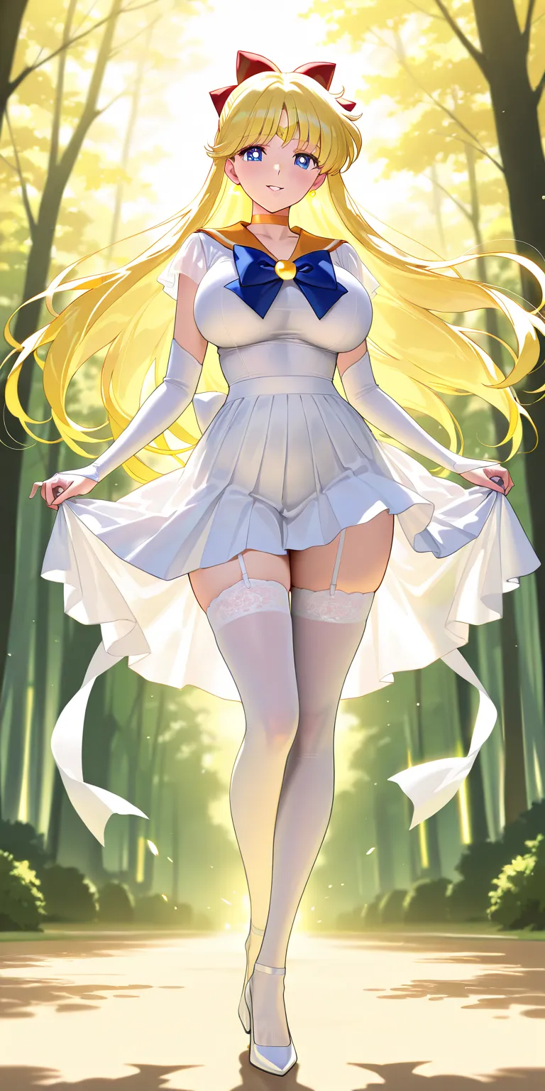 Masterpiece, elegant mature woman, aino minako\(sailor venus\), tall body, big breast, white wedding shirt, white wedding gauntlets, white wedding platted tennis skirt (longer on the back side), white ribbon on the hips, white high stockings lace, white hi...