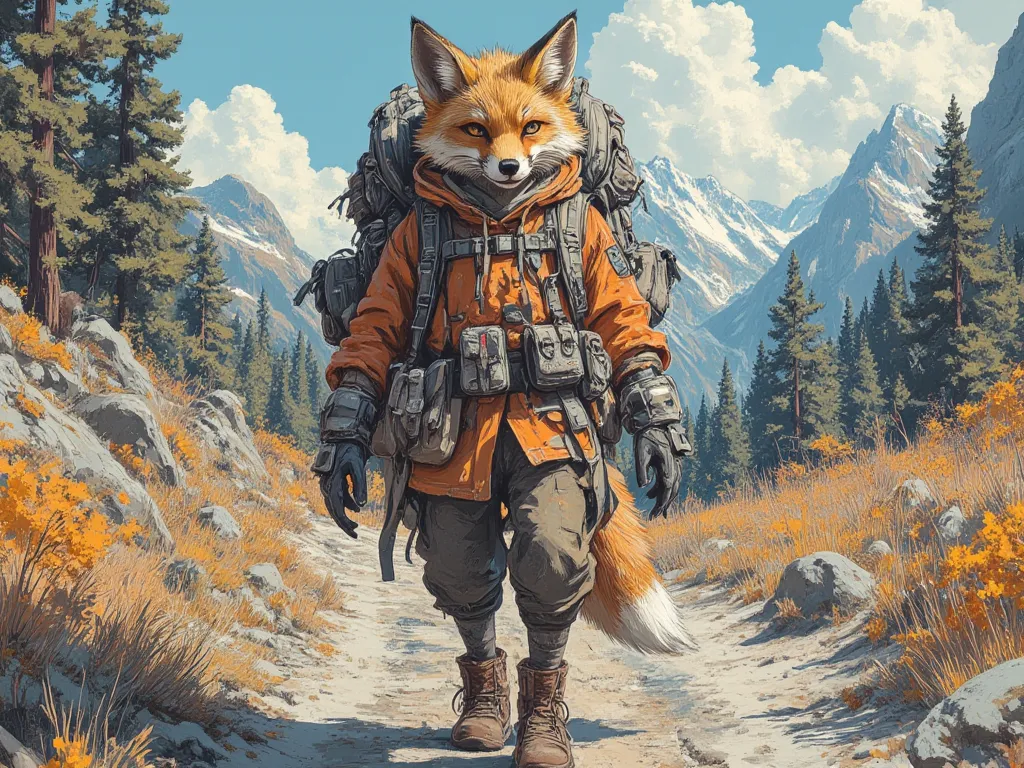 fox in adventurer gear, comically large backpack, backpack stacked 14 feet high, dirt road, mountains,  In fantasy art style, masterpiece,  best quality , Super Detail, an epic, 4K, cinematic light, ultra-detailed,  8k resolution ,(high quality, 8k, 4K, hi...