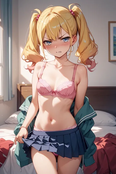 Bedroom、yellow hair twin tails、junior high school student girl 、tsurime 、short height、small breasts、pink bra、pull down pleated skirt, pink panties、glaring、blush