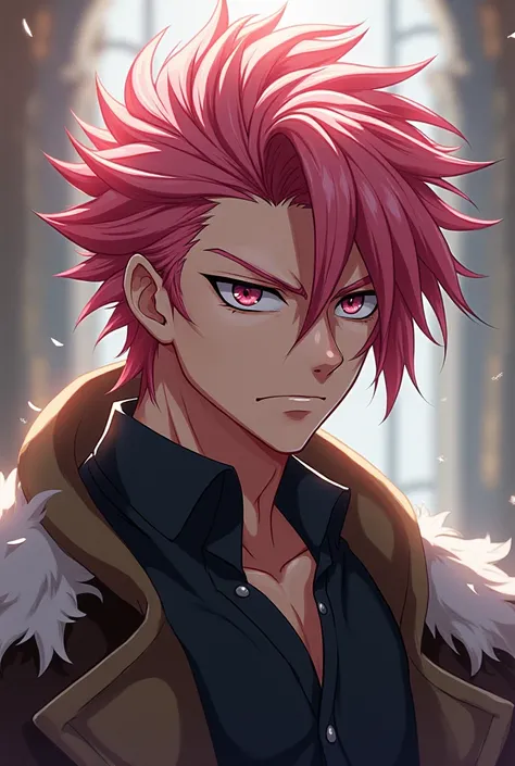  A 17-year-old boy, With pink salmon hair,  straight hair, dragon eyes, beautiful, Fairy tail, Natsu dragoneel,  muscular body, serious expression,  Japanese anime .
