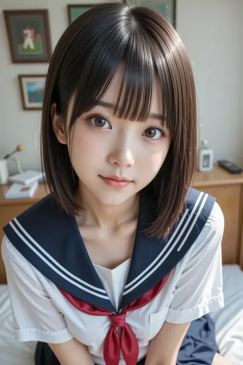 (nsfw:1.4), ( masterpiece, TOP QUALITY:1.2), 1 girl, Alone, very cute,  high school girl、18 years old, (fellatio:1.4), idol style、Beautiful Sexy Figure、Beautiful model、 smaller breasts、Sailor School Uniform、Navy Blue Pleated Skirt、Beautiful thighs、bedroom、...