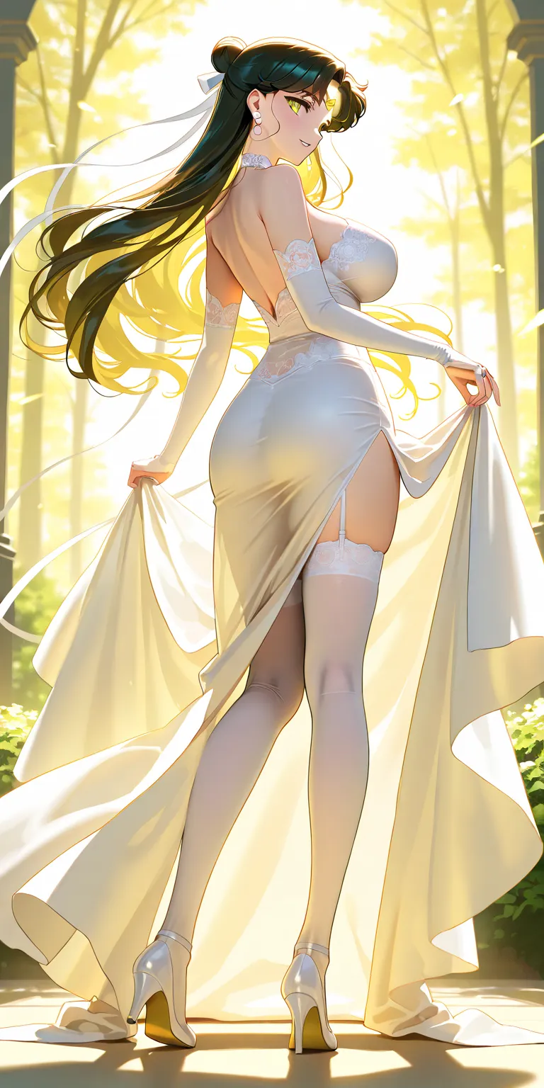 Masterpiece, elegant mature woman, usagi tsukino\(sailor moon\), tall body, big breast, white wedding shirt, white wedding gauntlets, white wedding platted tennis skirt (longer on the back side), white ribbon on the hips, white high stockings lace, white h...