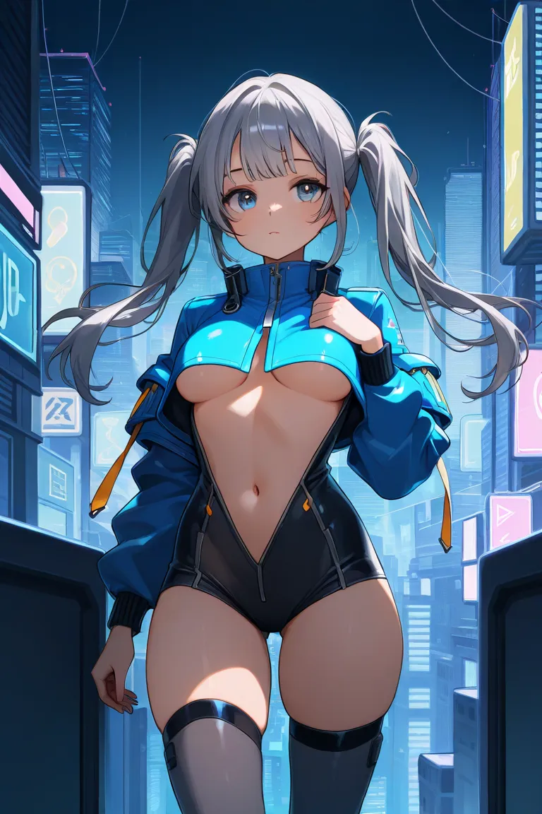 1girl, futuristic, sexy, futuristic city, thighhighs, short jacket, navel, underboob, blue jacket, gray hair, pigtails, long hair, front view, no bra, meaty thighs, medium boobs, bodysuit