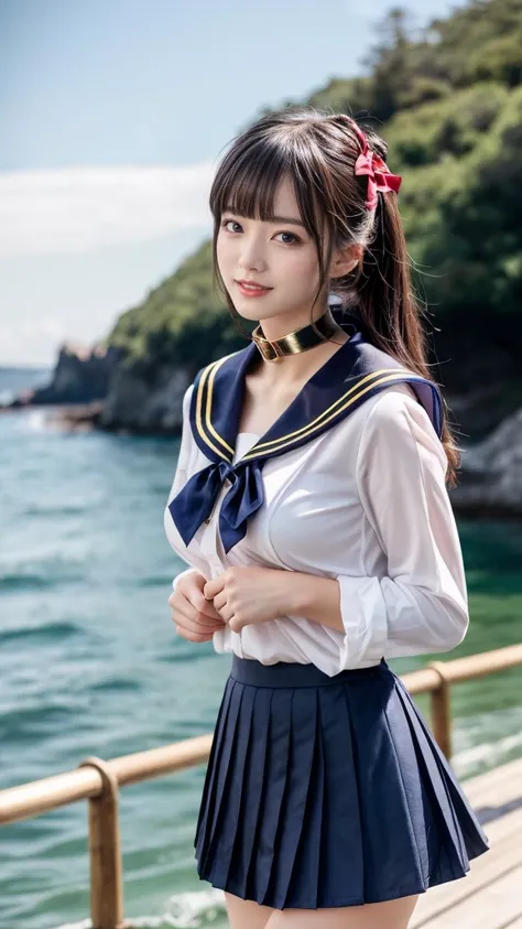 (((Very heavy chest))),nsfw, 16k raw photos, TOP QUALITY,  masterpiece, Ultra High Definition, (( she is wearing a beautiful revealing red she is wearing ( high school sailor uniform).
(Navy sailor collar :1.4),(white shirt:1.4),( Navy Pleated Skirt :1.4),...