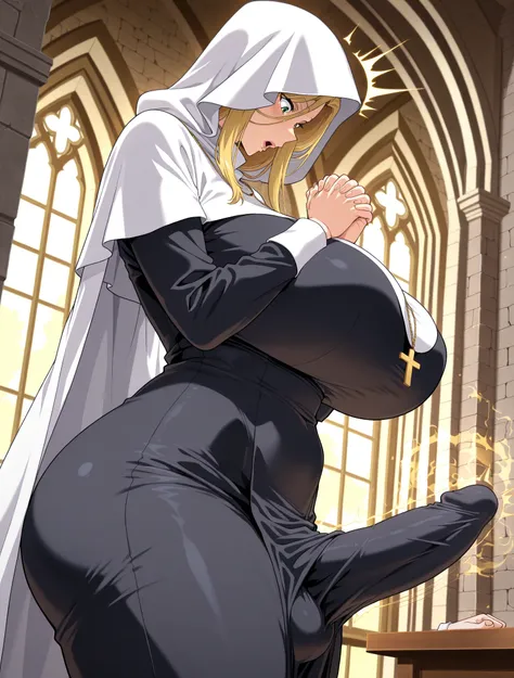 masterpiece, best quality, amazing quality, anime screencap, 1lady, milf, mature woman, solo, big full bimbo lips, blonde hair, from side, indoors, grey brick wall, window, church, NSFW, nun, white rob, white hood, white cape, hood over eyes, grows a bulge...