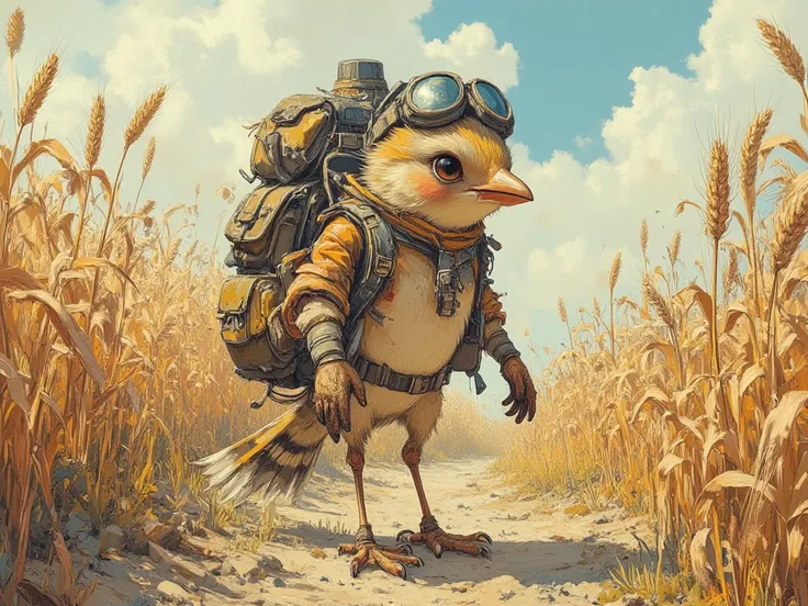 sparrow in adventurer gear, comically large backpack, backpack stacked 14 feet high, dirt road, field of wheat,  In fantasy art style, masterpiece,  best quality , Super Detail, an epic, 4K, cinematic light, ultra-detailed,  8k resolution ,(high quality, 8...