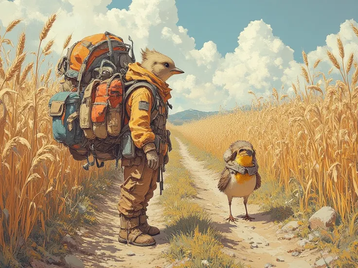 sparrow in adventurer gear, comically large backpack, backpack stacked 14 feet high, dirt road, field of wheat,  In fantasy art style, masterpiece,  best quality , Super Detail, an epic, 4K, cinematic light, ultra-detailed,  8k resolution ,(high quality, 8...