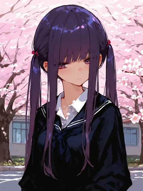 Masterpiece, (best quality), best resolution, polished, detailed, school, sakura, 1girl, detailed eyes, school uniform, beautiful girl, small breasts, dark purple hair, twin tails hair, 4k, 748cmstyle, shiny