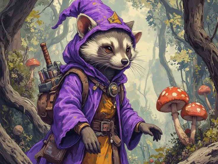 racoon dressed in purple robes, wizard hat, searching forest for mushrooms,  In fantasy art style, masterpiece,  best quality , Super Detail, an epic, 4K, cinematic light, ultra-detailed,  8k resolution ,(high quality, 8k, 4K, high contrast, masterpiece: 1...