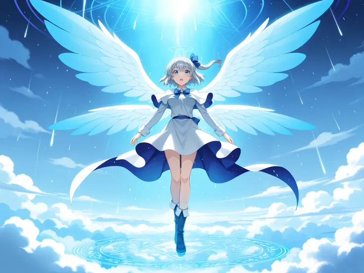 (ultra quality:1.2), anime enhancement, (artistic masterpiece:1.3), hyper-detailed shading, cinematic composition, perfect lighting, (very detailed face:1.2), Theme: What happens when it rains?, fairies flying over the clouds, blue fairies, fairies with wi...