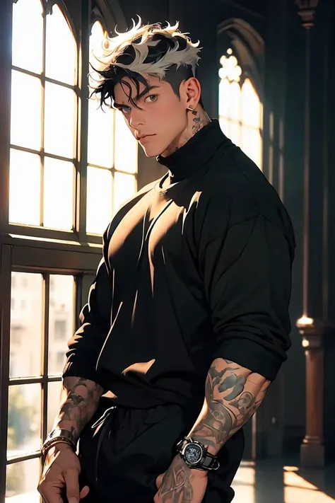 Highest quality, 8K, high resolution image, Jujutsu Kaisen anime style, detailed strokes, blurred background, 1 man, golden aqua eyes, strong look, meaningful eyes, muscular, muscular man, strong man,  black hair, multicolored hair, gray hair, hair between...