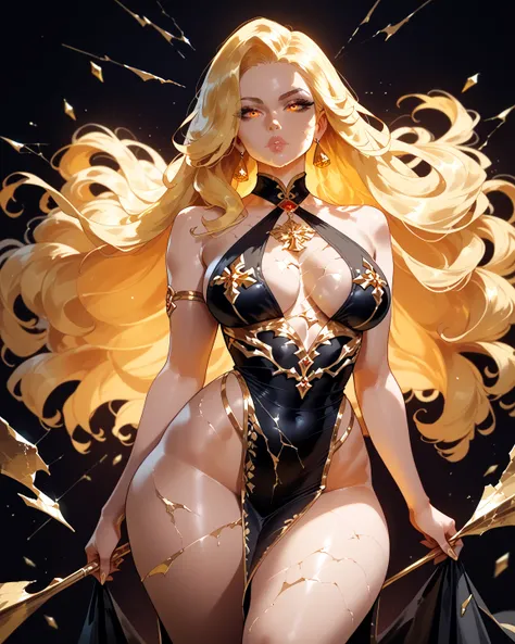 goddes(diadem,gold hair, long hair, wide pelvic, wide hips, big ass, golden eyes, black halter dress, golden cracks on skin), front view, dark background