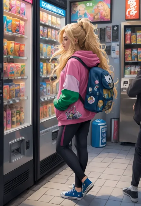 profile oil painting of a beautiful RPG blonde girl, long messy hair, wearing leggings with a print of comic book characters, blue Converse sneakers, a black and pink hooded sweatshirt, white leggings, a backpack on her back, in front of a Japanese snack v...