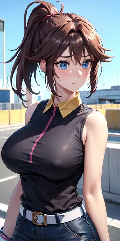  1 female,high definition,dementia,  ultra-realistic  ,8K, bbmazaki ,  ponytail ,  hair cap, blue eyes,yellow t-shirt,collar,  sleeveless, bracelet,  belt, falda rosa, big breasts,European,sexy,Close-up of the upper body,  photographed from the front , Dyn...